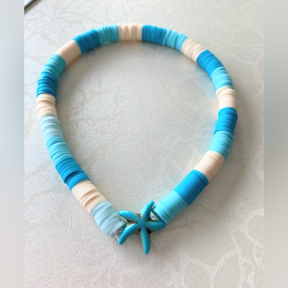 Blue and Cream Polymer Clay Heishi Beaded Starfish Charm Bracelet